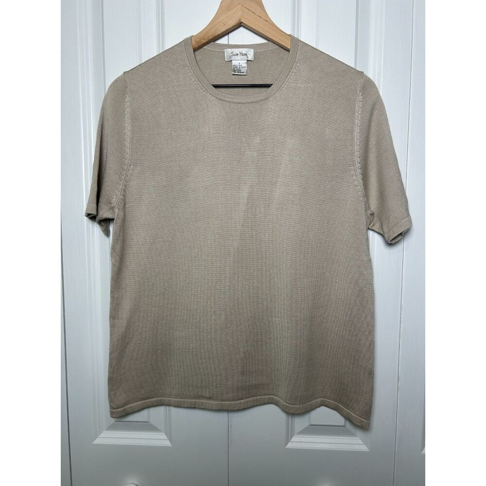 Vintage Sue Han 100% Silk Knit Short Sleeve Sweater Top Beige Large